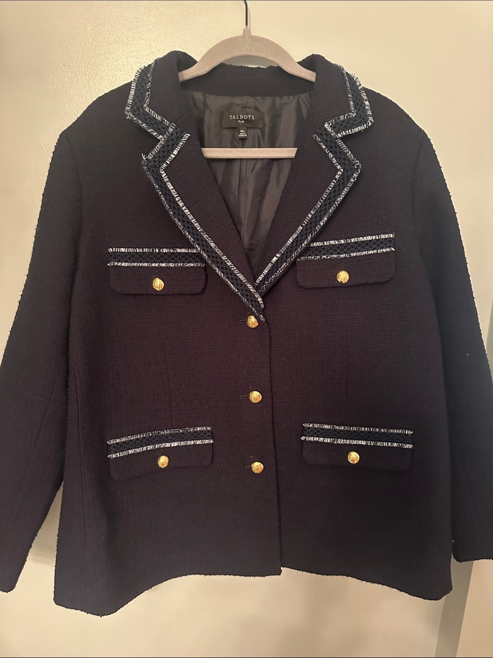 Talbots Navy Blue Tweed Blazer with Gold Buttons and Contrast Trim